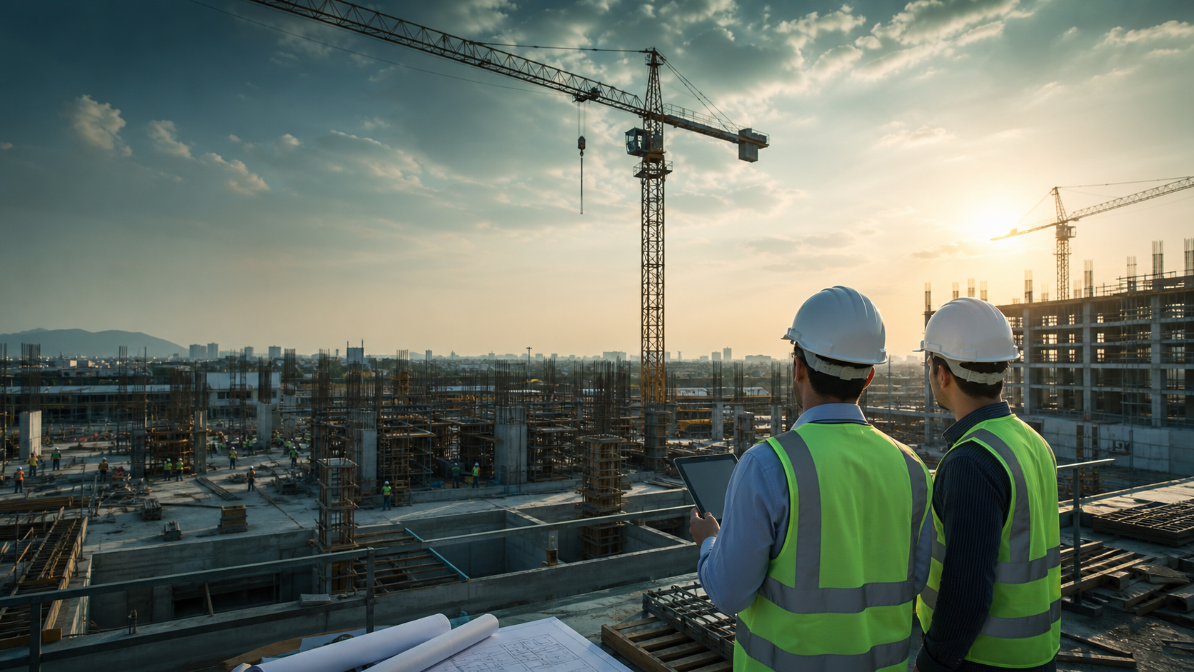 Construction site with crane and engineers reviewing plans
