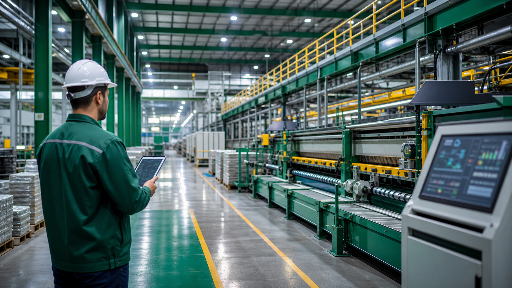 Industrial plant interior with worker checking equipment